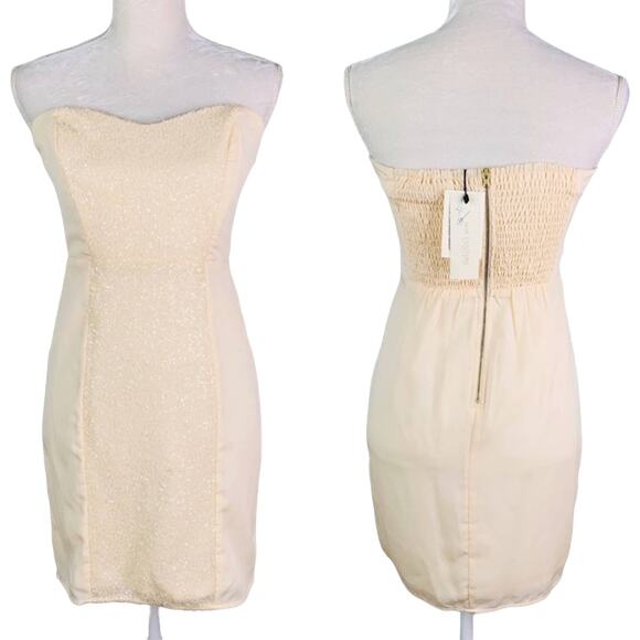 MM Couture Miss Me Dress Small Cream Strapless Ruched Sequins New - Picture 1 of 13